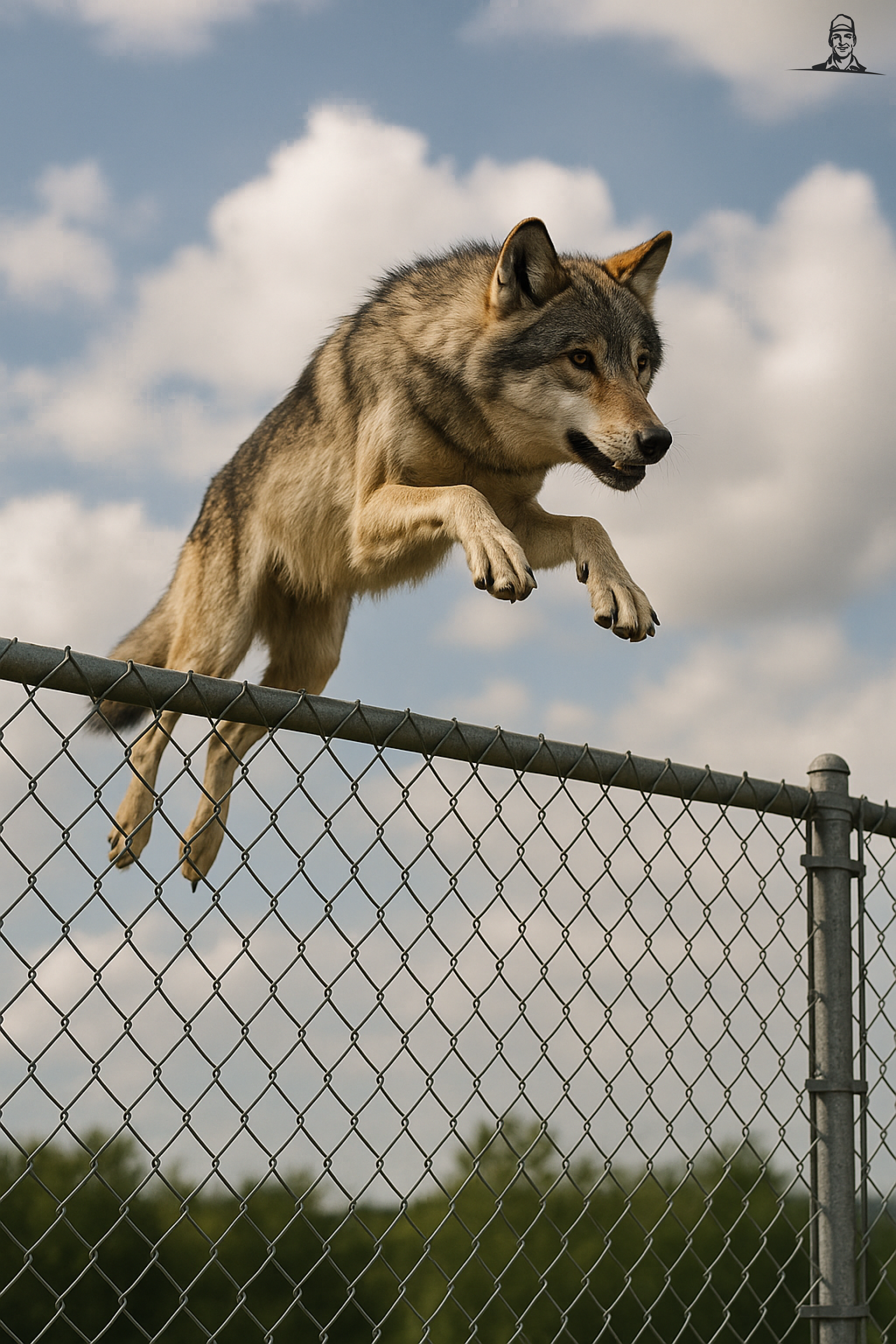 Wolf springt over hek van Grasbaal