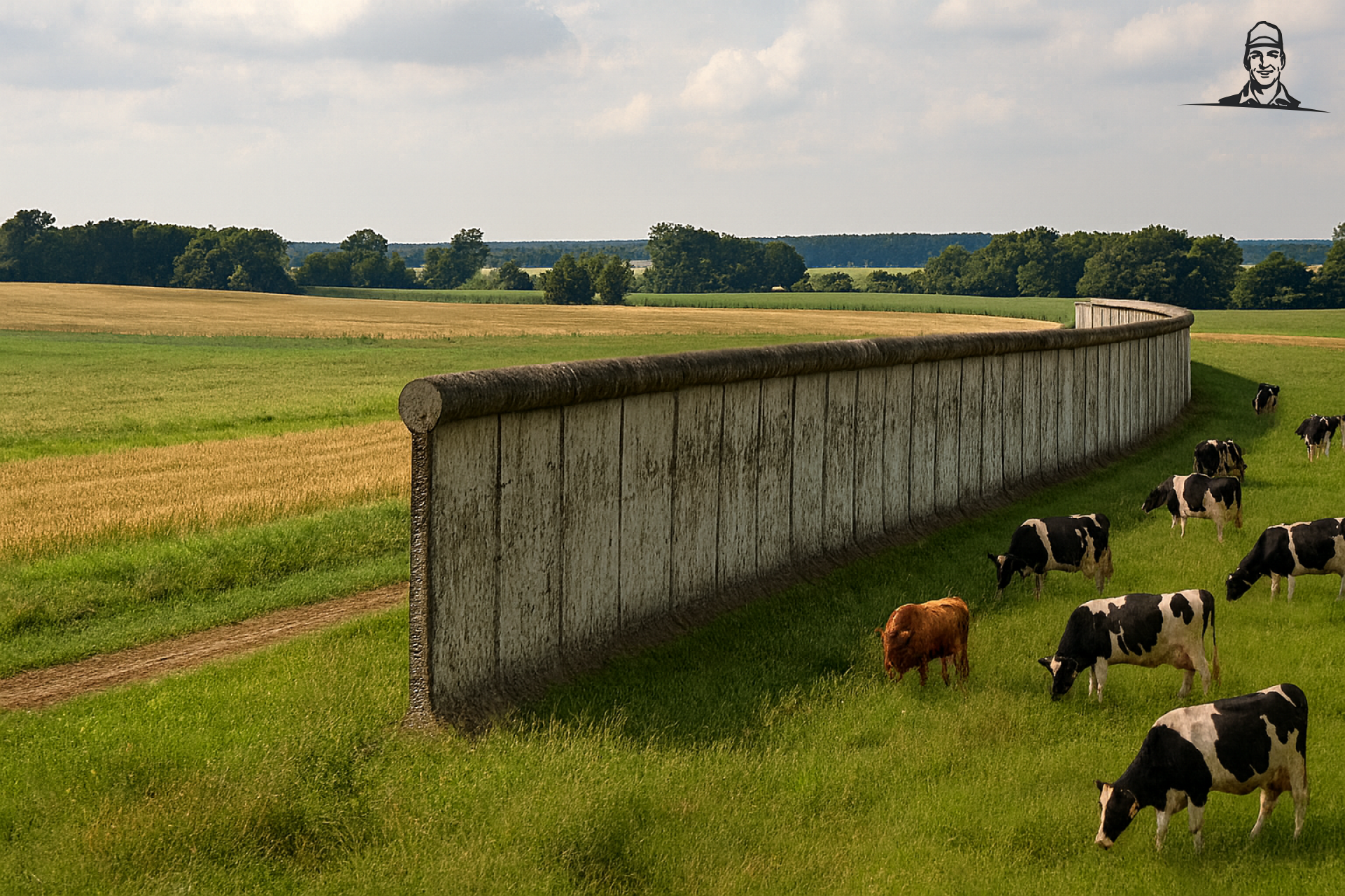 Berlijnse muur met volop melkkoeien in het oosten van Grasbaal