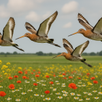 Vliegende grutto's boven weilanden