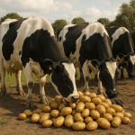 Twee koeien genieten van aardappelen