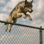 Wolf springt over hek